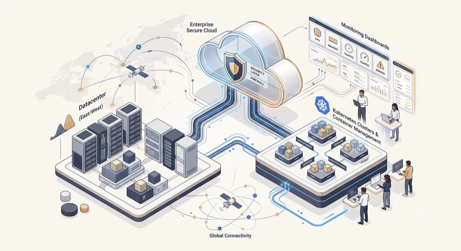 Enterprise cloud infrastructure — datacenters, Kubernetes clusters and monitoring